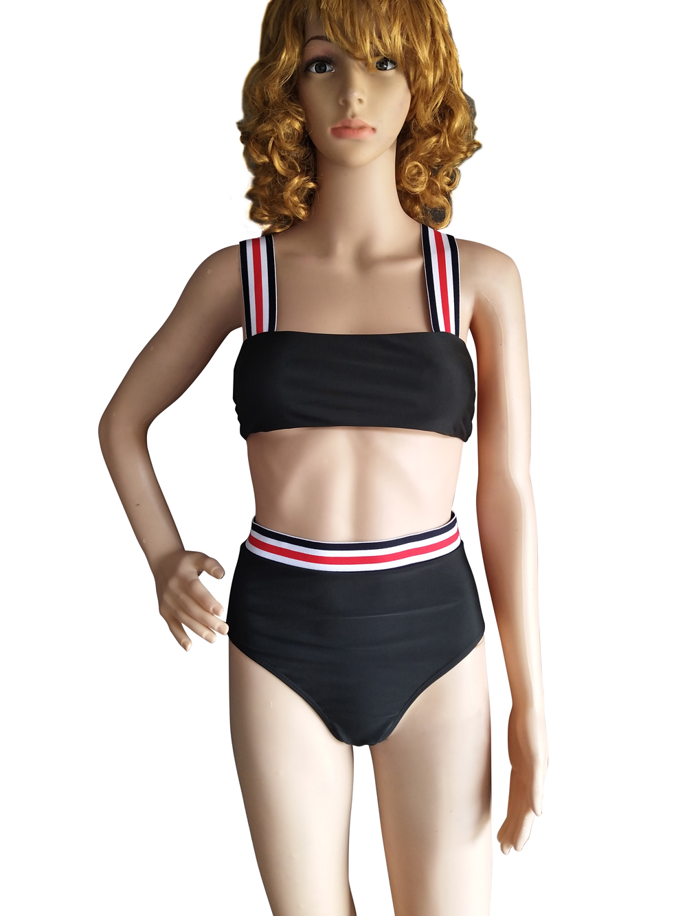 F4695 Vintage Bikini Swimsuit Strap Padded High Waist Striped Swimwear Set